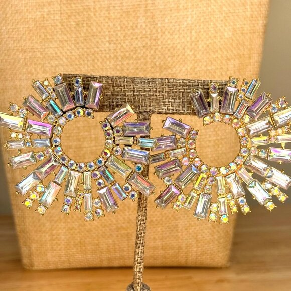 Gold-Tone Iridescent Crystal Baguette & Round Statement Earrings - Picture 1 of 10